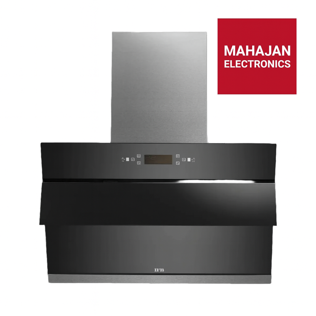 Black kitchen hood with stainless steel panel on a white background, featuring Mahajan Electronics logo.