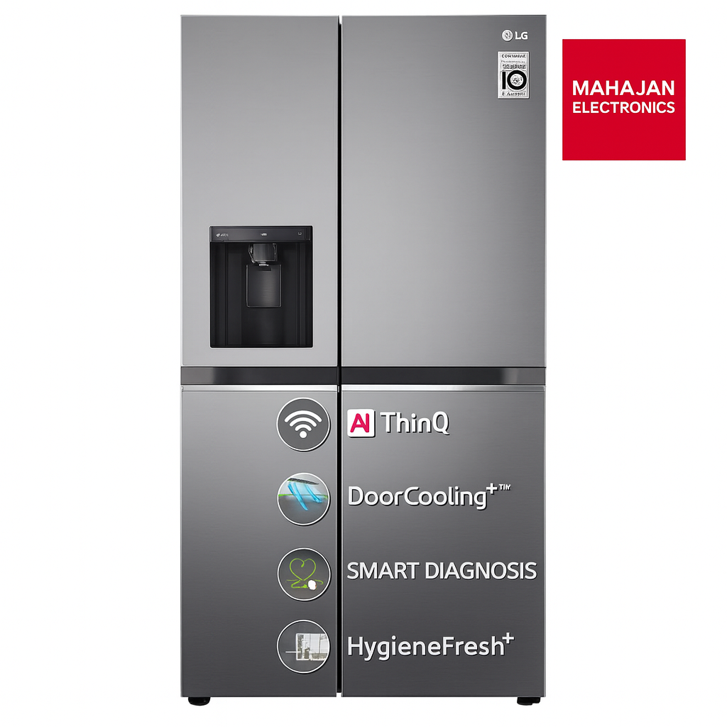 Modern refrigerator with features and logos on a white background