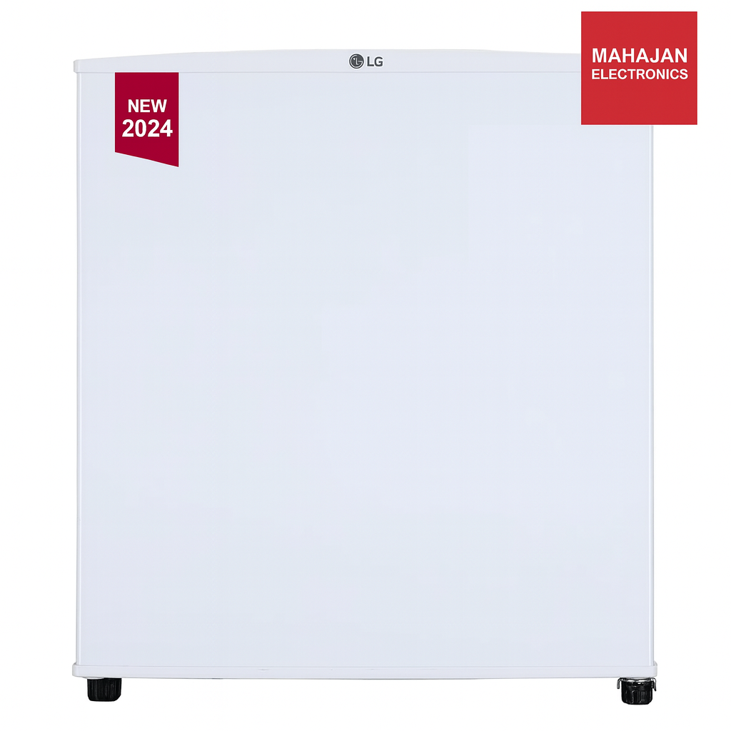 White refrigerator with LG logo and 'New 2024' and 'Mahajan Electronics' labels on a white background