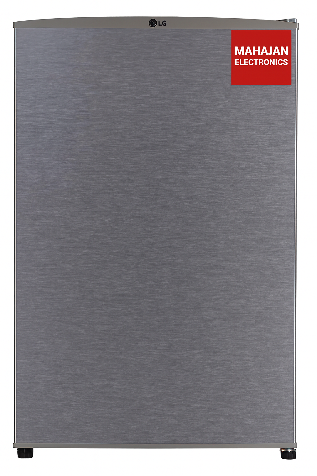 Gray refrigerator with a Mahajan Electronics label on a white background