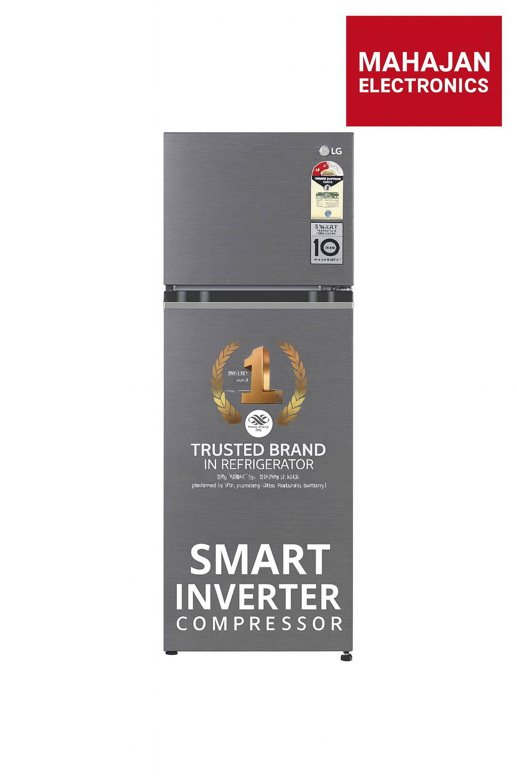 Gray refrigerator with 'Trusted Brand in Refrigerator' and 'Smart Inverter Compressor' text on a white background, featuring Mahajan Electronics logo.