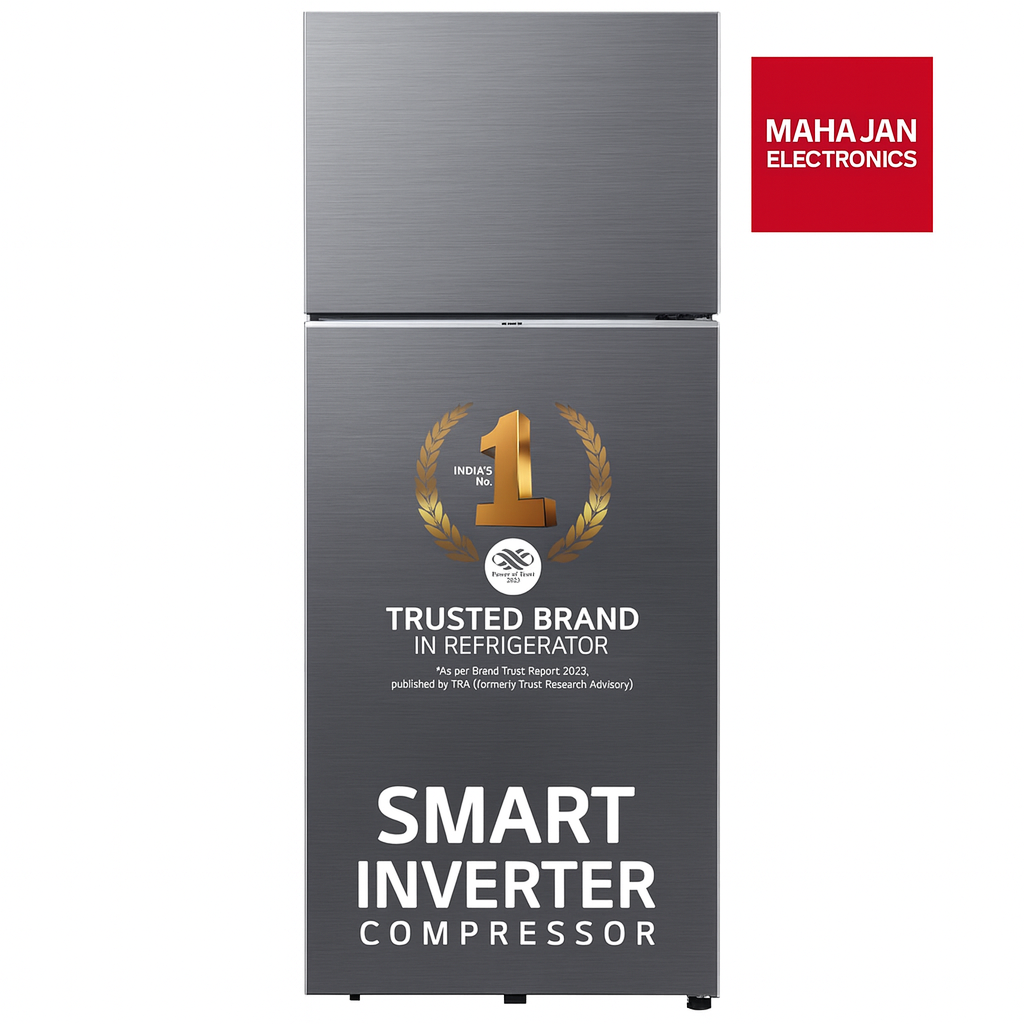 Gray refrigerator with Mahajan Electronics logo and certification text on a white background