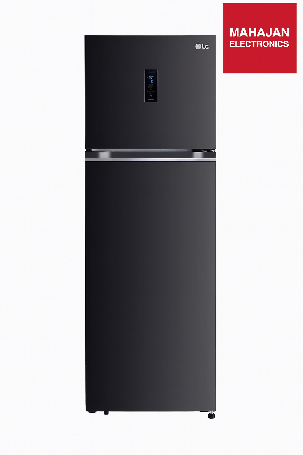 Black refrigerator with Mahajan Electronics logo on a white background