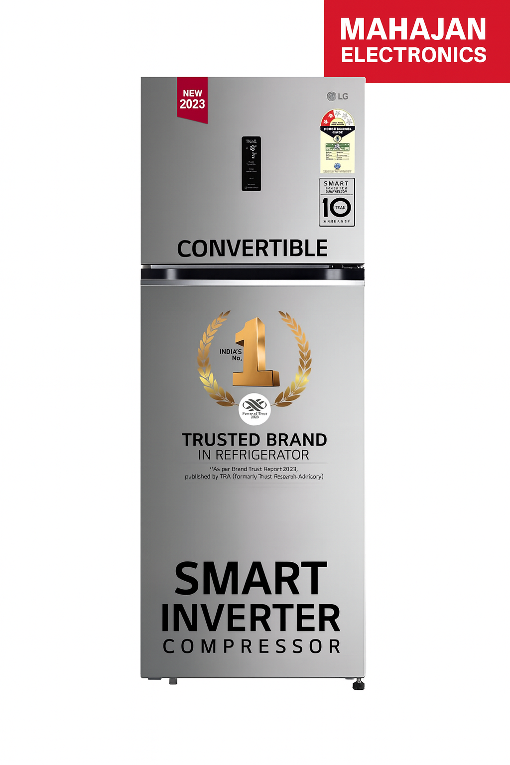 Silver refrigerator with branding and features on a white background