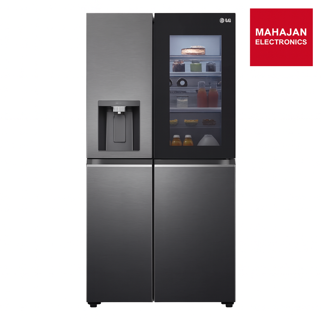 Modern refrigerator with water and ice dispenser on a white background, featuring the Mahajan Electronics logo.