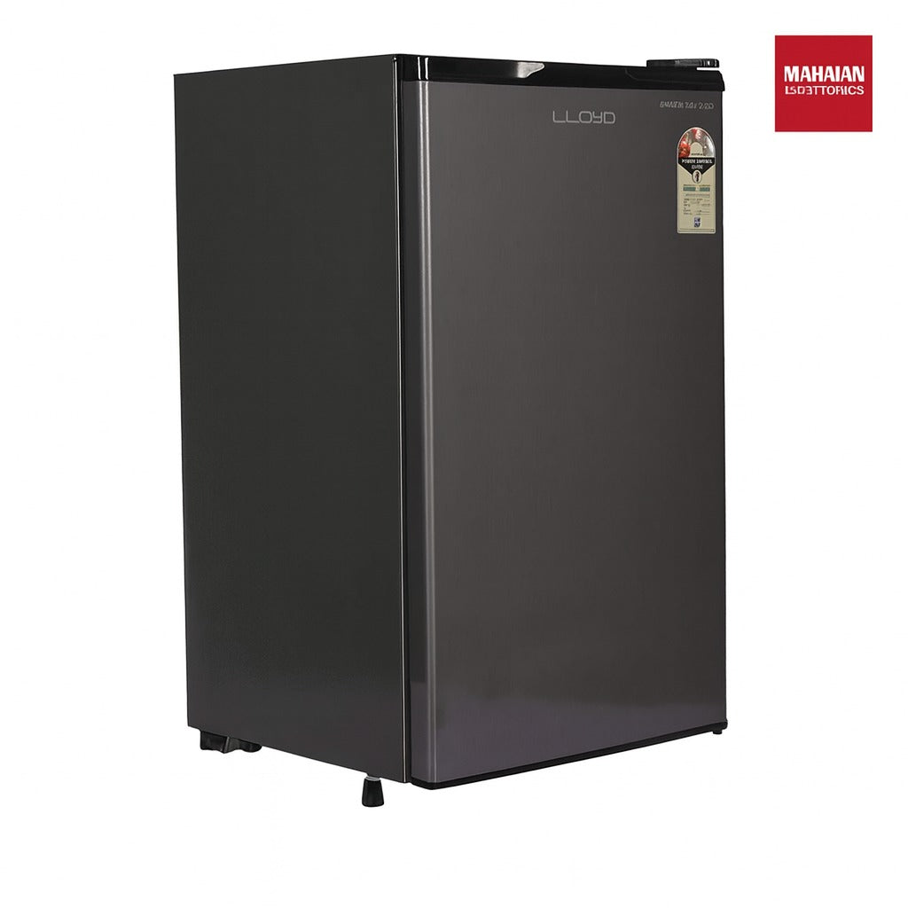 Black refrigerator with a visible brand logo on a white background