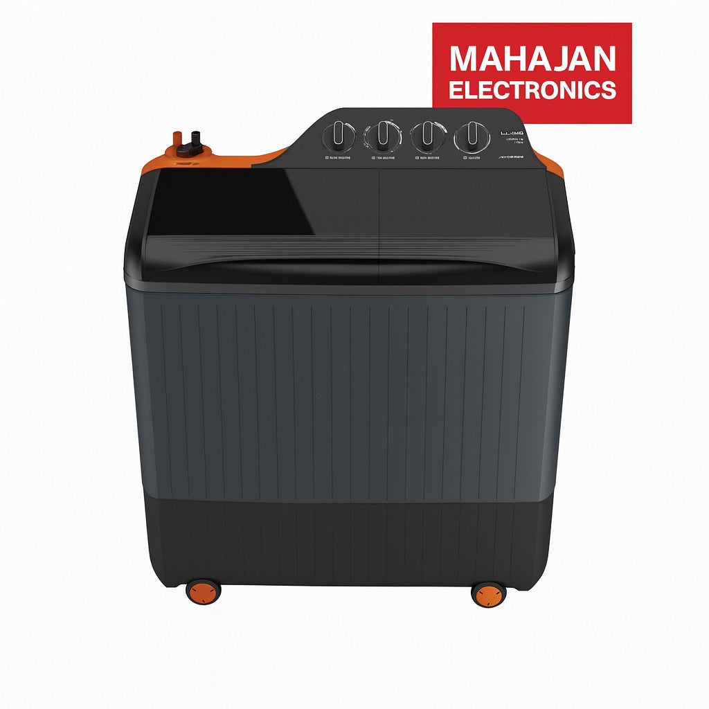 Black and orange washing machine with Mahajan Electronics logo on a white background