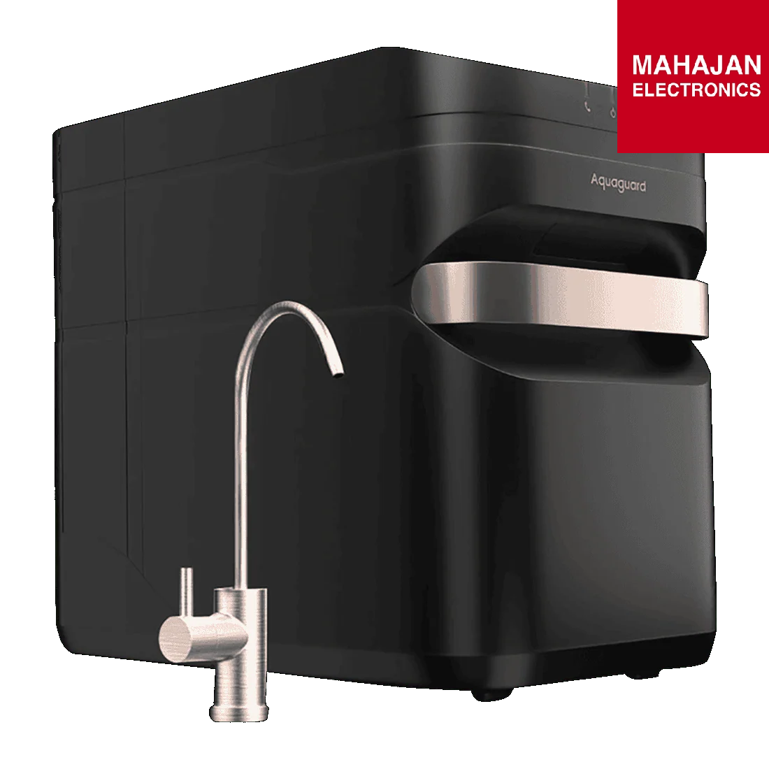 Black water purifier with silver faucet on a white background, featuring the Aquaguard brand.