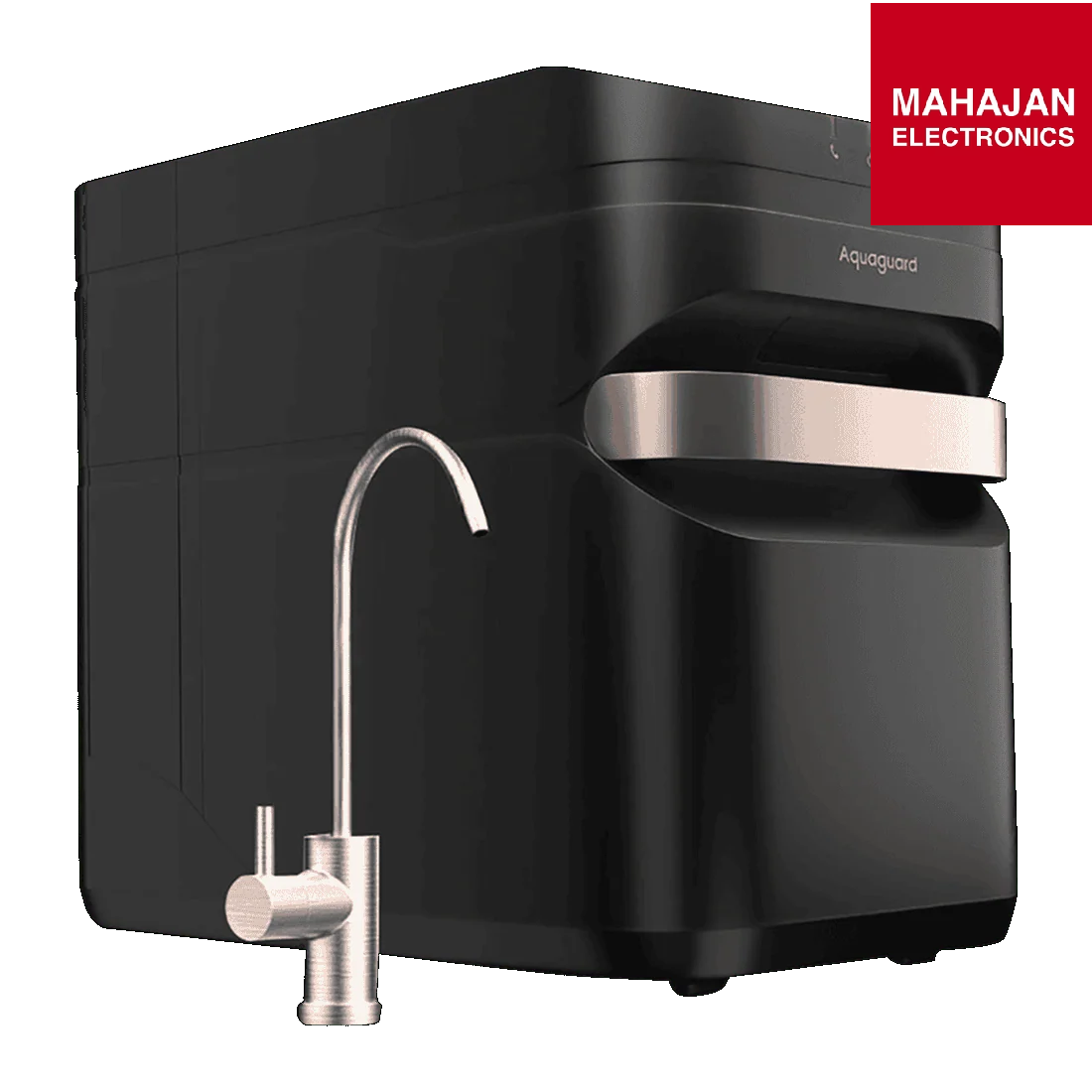 Black water purifier with silver faucet on a white background, featuring the Aquaguard brand.