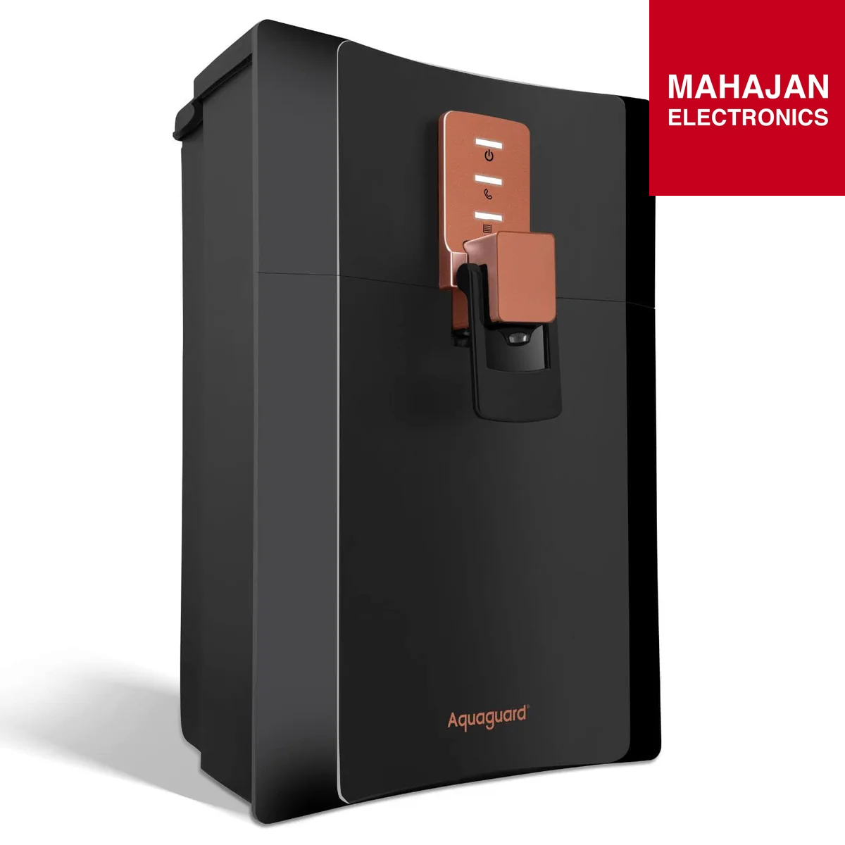 Black water purifier with brown handle on a white background, featuring Aquaguard branding.