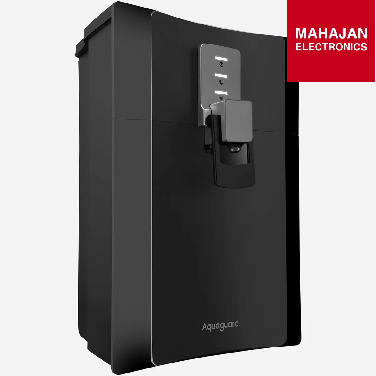 Black water dispenser with Aquaguard branding on a white background, featuring Mahajan Electronics logo.