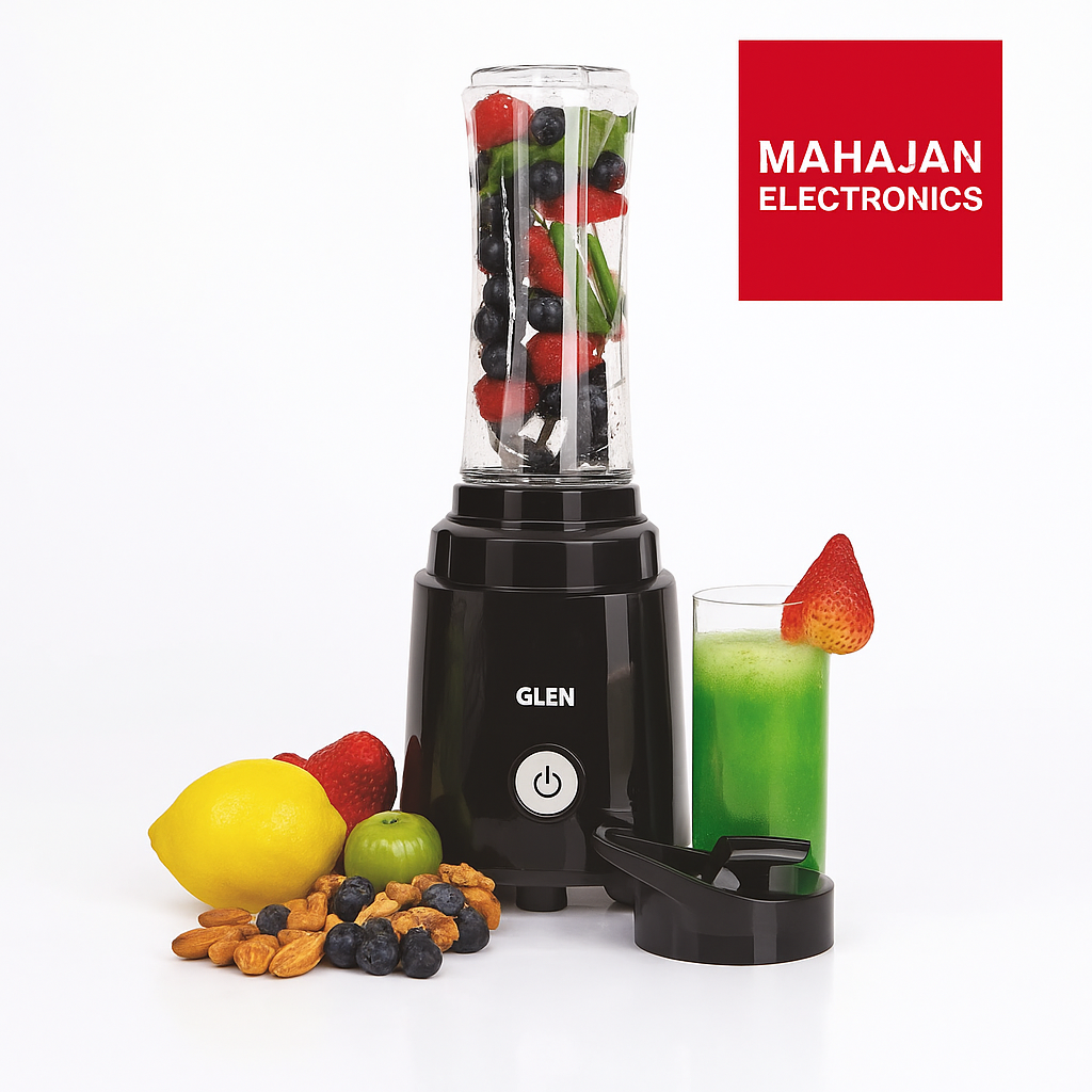 Black blender with fruits and a glass of juice on a white background, featuring the Glen brand.