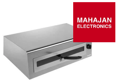Metallic electronic device with 'MAHAJAN ELECTRONICS' logo on a white background