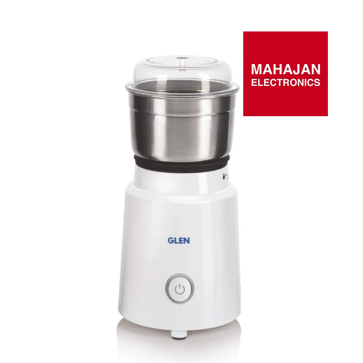 White and silver appliance with 'Glen' branding on a white background, featuring Mahajan Electronics logo.
