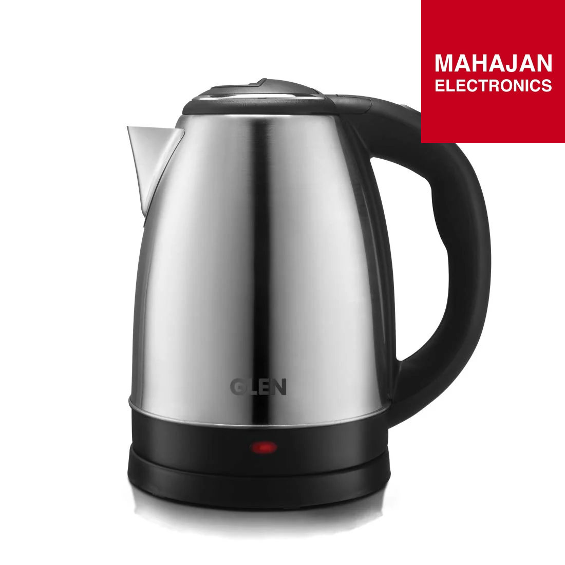 Stainless steel electric kettle with black handle on a white background, featuring Mahajan Electronics logo.