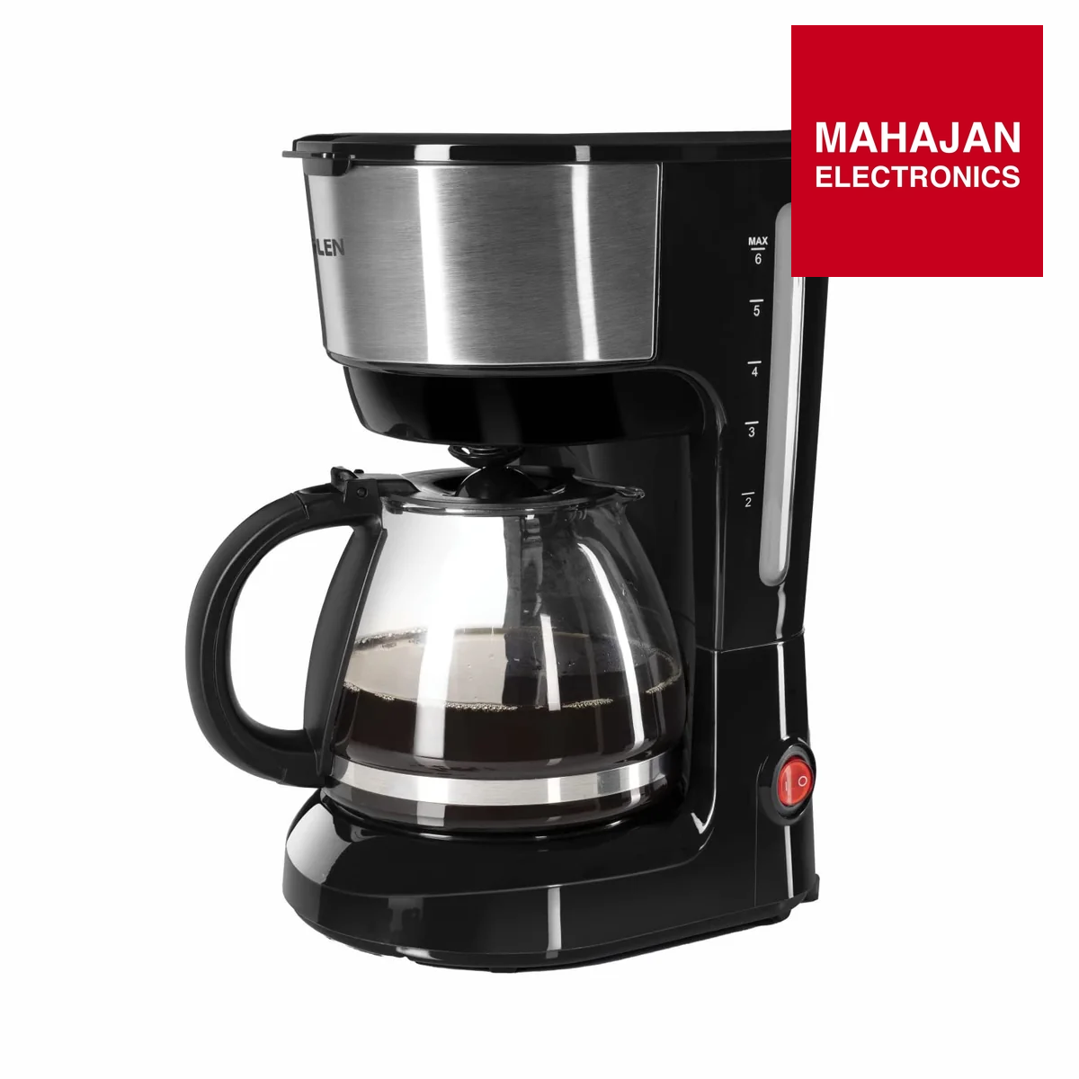 Coffee maker with a Mahajan Electronics logo on a white background