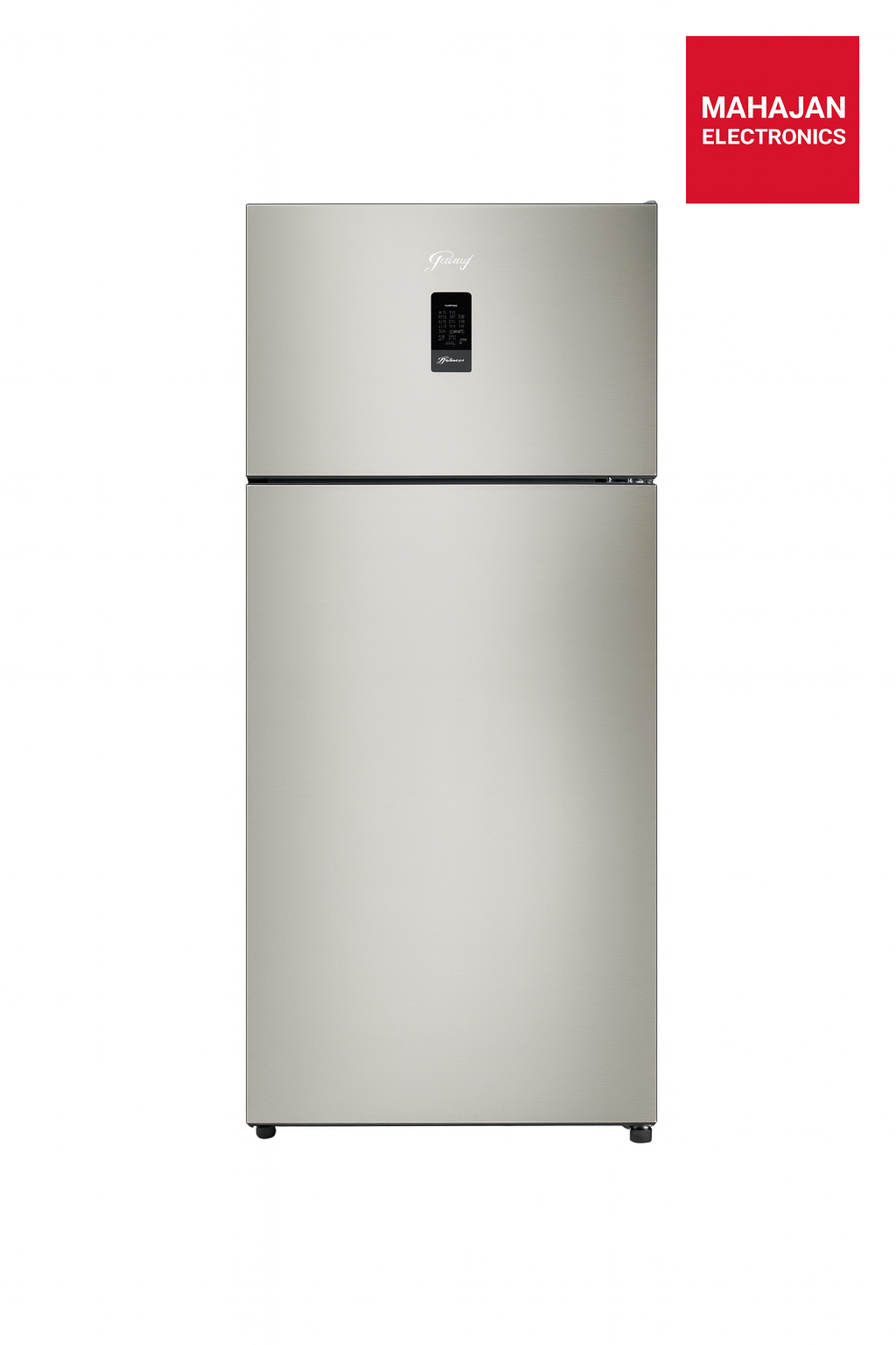 Silver refrigerator with Mahajan Electronics logo on a white background