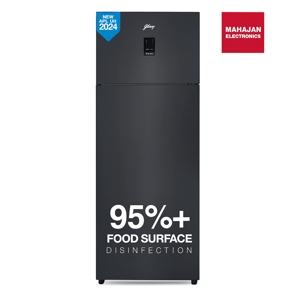 Black refrigerator with text on a white background, featuring Mahajan Electronics logo.