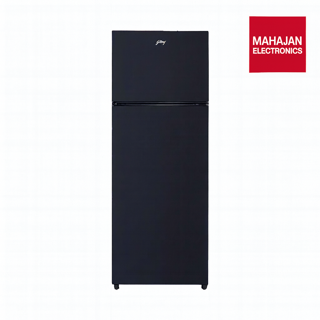 Black refrigerator with Mahajan Electronics logo on a white background