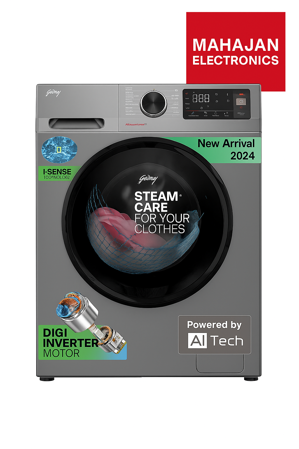 Gray washing machine with features highlighted, branded with Mahajan Electronics.