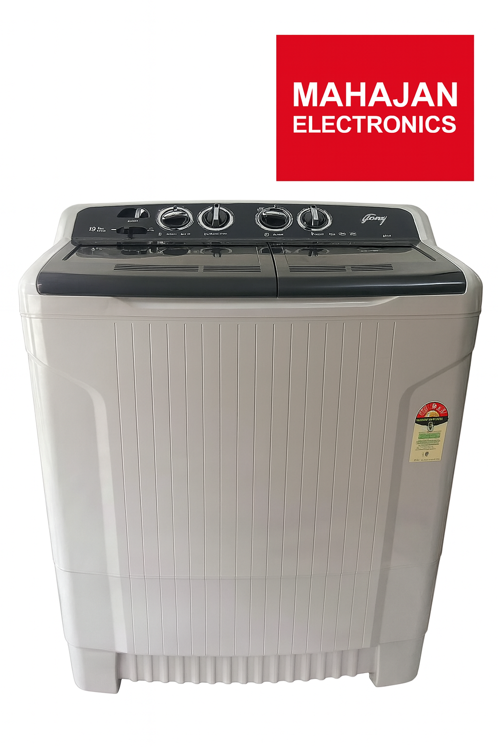 Washing machine with Mahajan Electronics logo on a white background