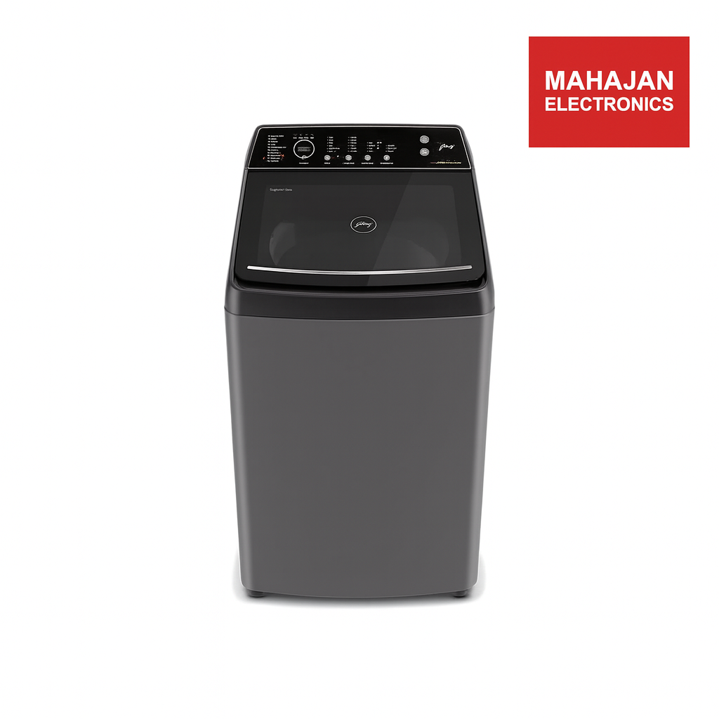 Gray washing machine with Mahajan Electronics logo on a white background