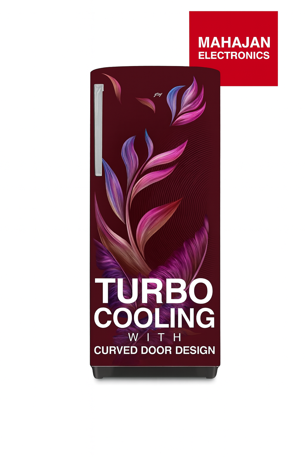 Refrigerator with curved door design and 'Turbo Cooling' feature, branded as Mahajan Electronics.