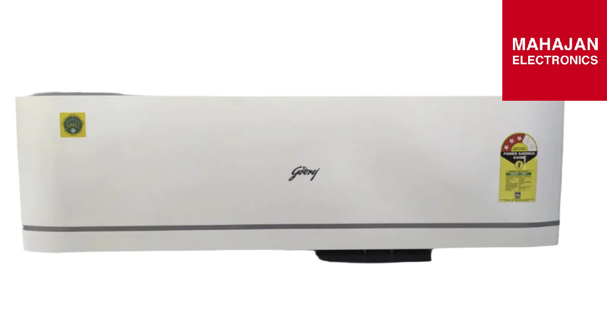 White air conditioner with Godrej logo on a white background, featuring Mahajan Electronics branding.
