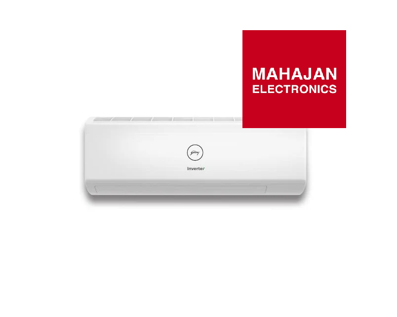 White air conditioner with Mahajan Electronics logo on a white background