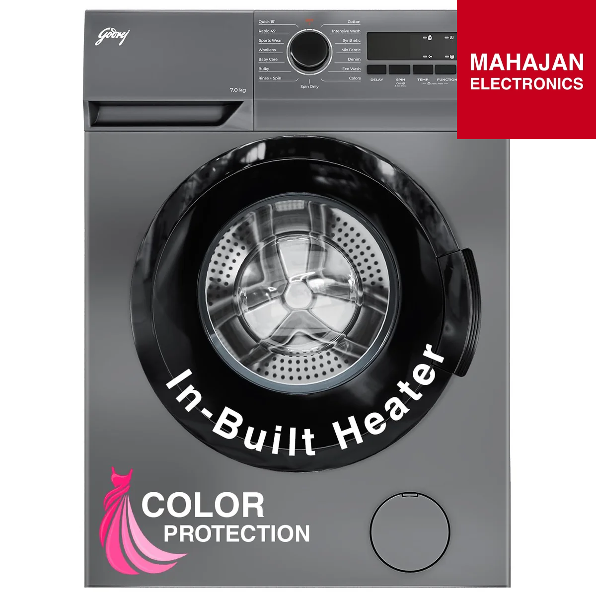 Washing machine with 'In-Built Heater' and 'Color Protection' features, branded as Mahajan Electronics.