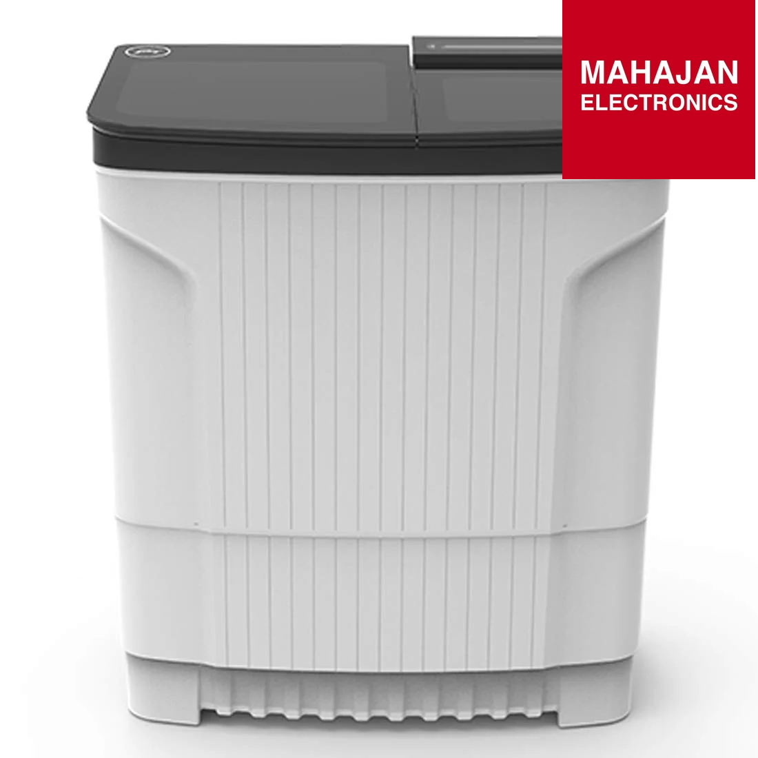 White and gray appliance with black top on a white background, featuring the Mahajan Electronics logo.