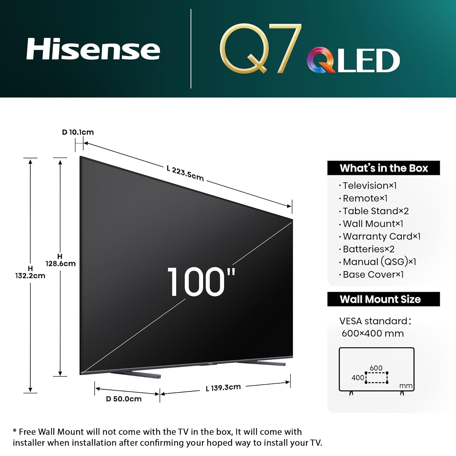 Hisense 100Q7N 254 cm (100 inches) Q7N Series 4K Ultra HD Smart QLED TV (Dark Grey)-Online Mahajan Electronics