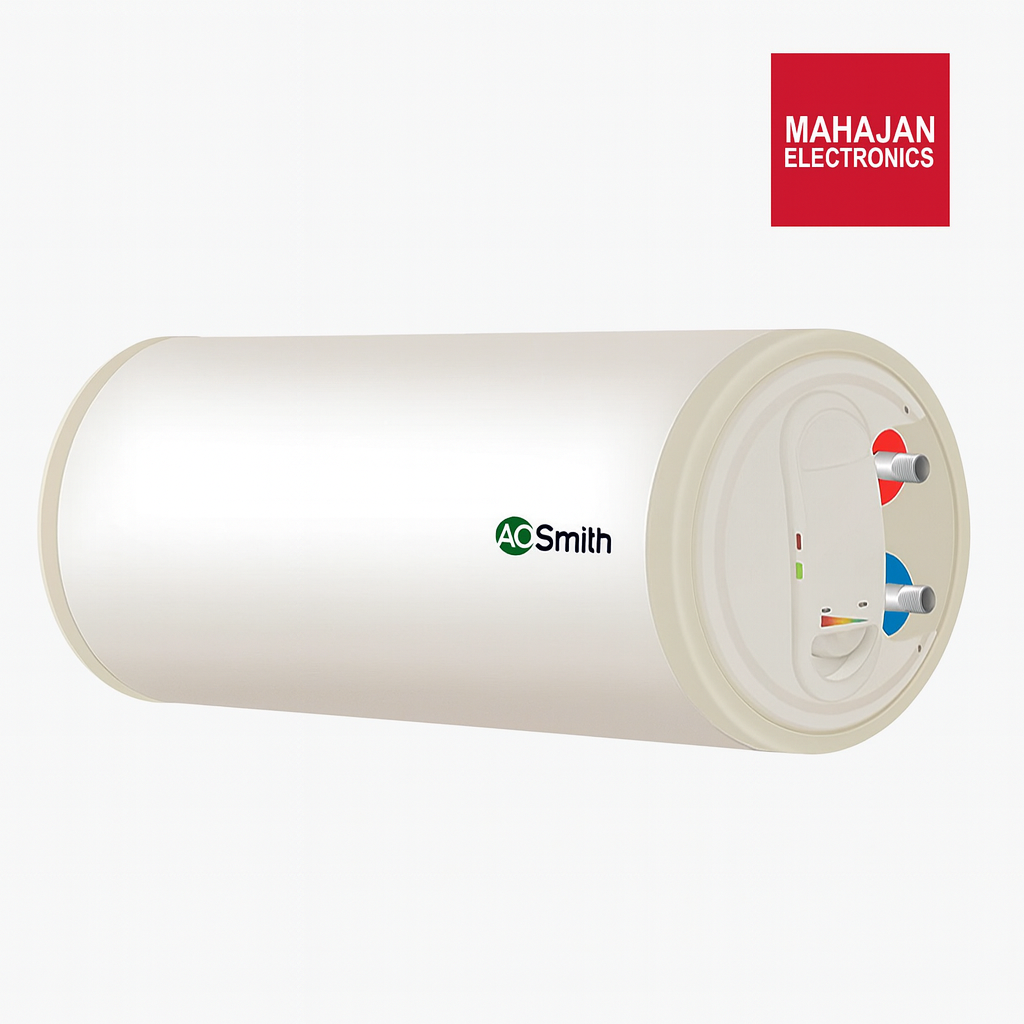 White cylindrical water heater with A.O. Smith logo on a white background, featuring Mahajan Electronics branding.
