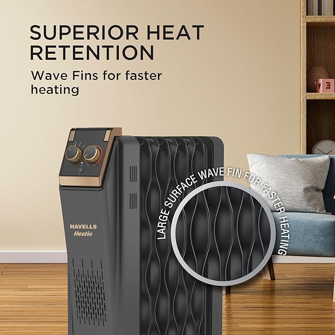 Havells 15 Fins Wave Hestio GHROFCTK290 Oil Filled Room Heater with 2900W Power, PTC Fan, Thermostatic Heat Control & Overheat Protection | Black | 2-Year Warranty | Made in India