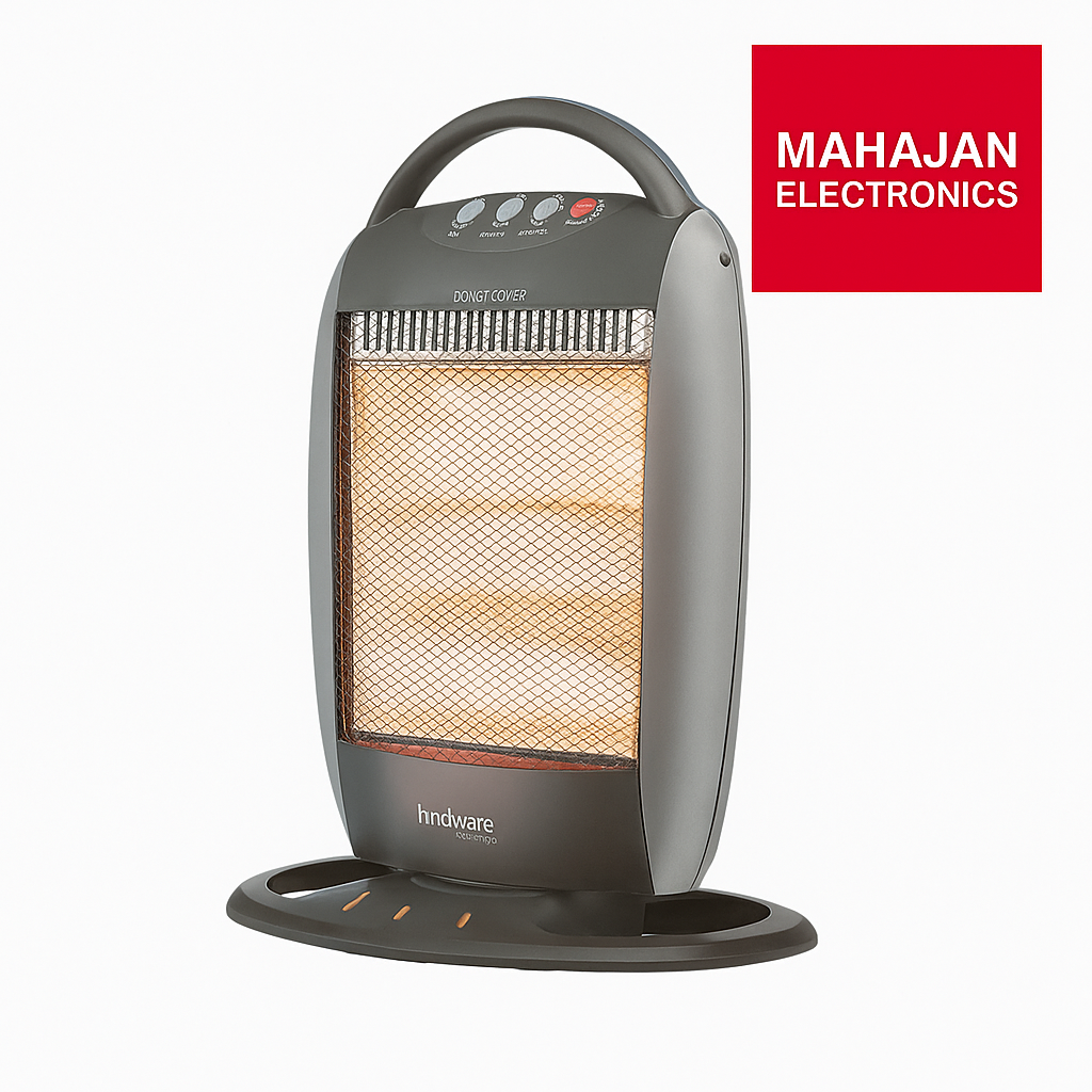 Portable electric heater with Mahajan Electronics logo on a white background