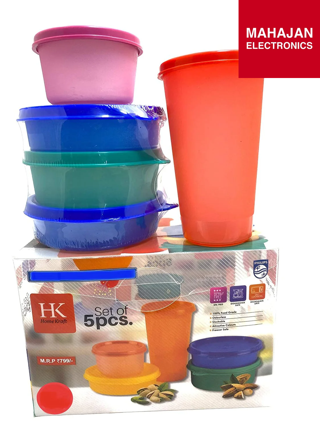 Set of colorful plastic containers with a box labeled 'Set of 5pcs.' from HK Home Kitchen, branded by Mahajan Electronics.