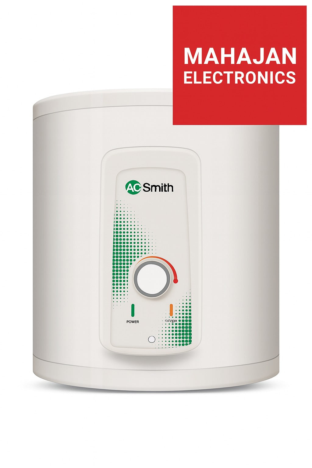 White water heater with A.O. Smith logo and Mahajan Electronics branding on a white background