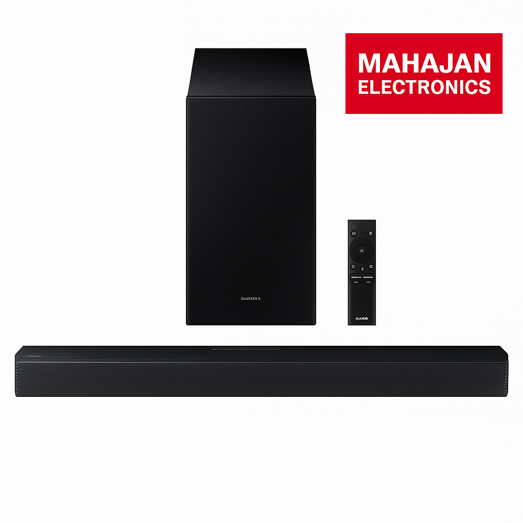 Black soundbar with subwoofer and remote on a white background, featuring Mahajan Electronics logo.