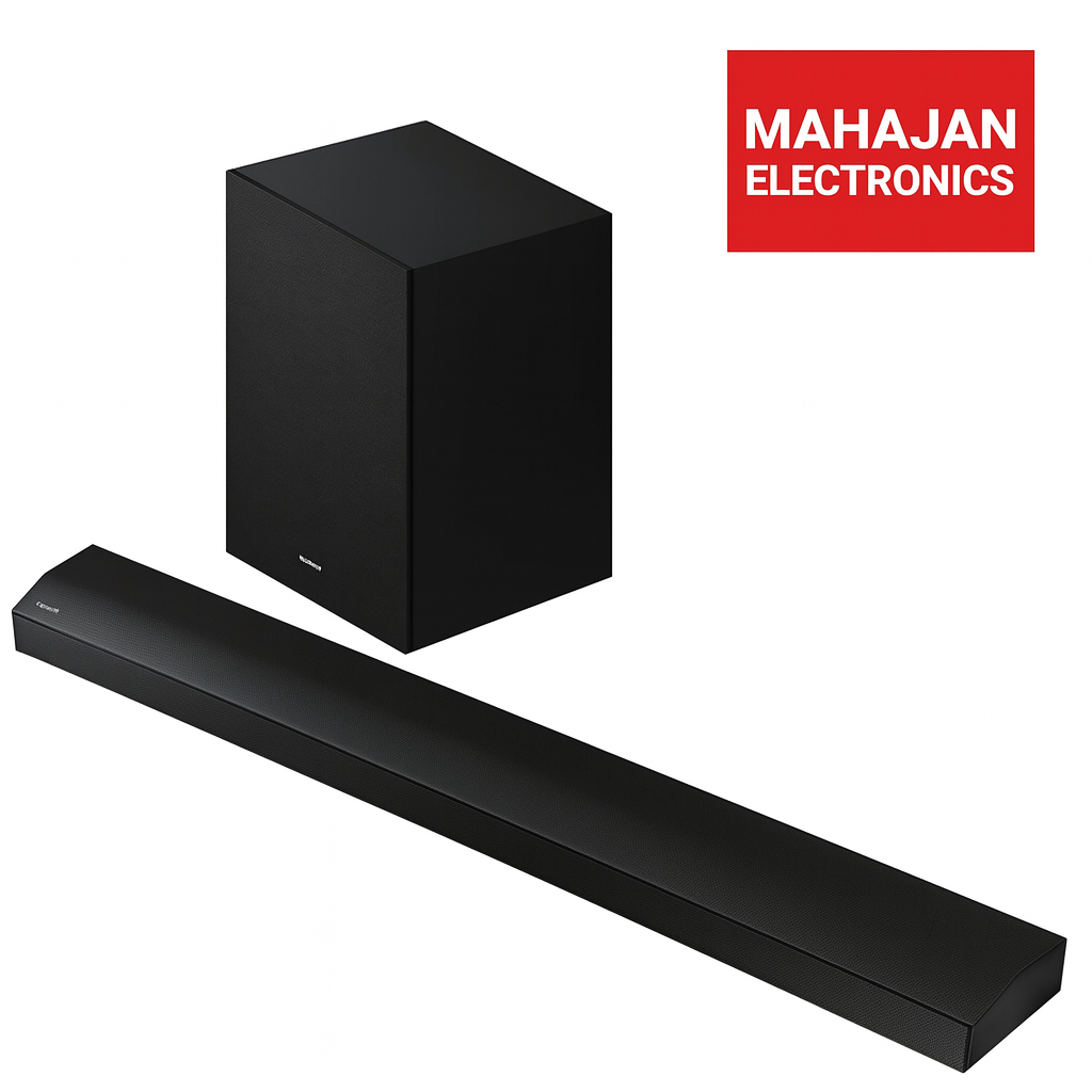 Black soundbar and subwoofer with Mahajan Electronics logo on a white background