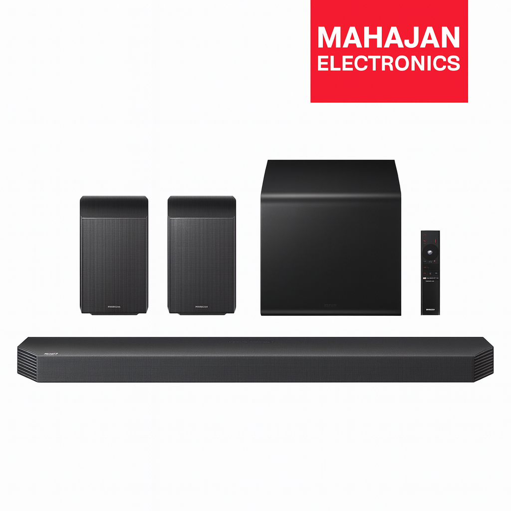 Black soundbar with subwoofers and remote on a white background, featuring Mahajan Electronics logo.