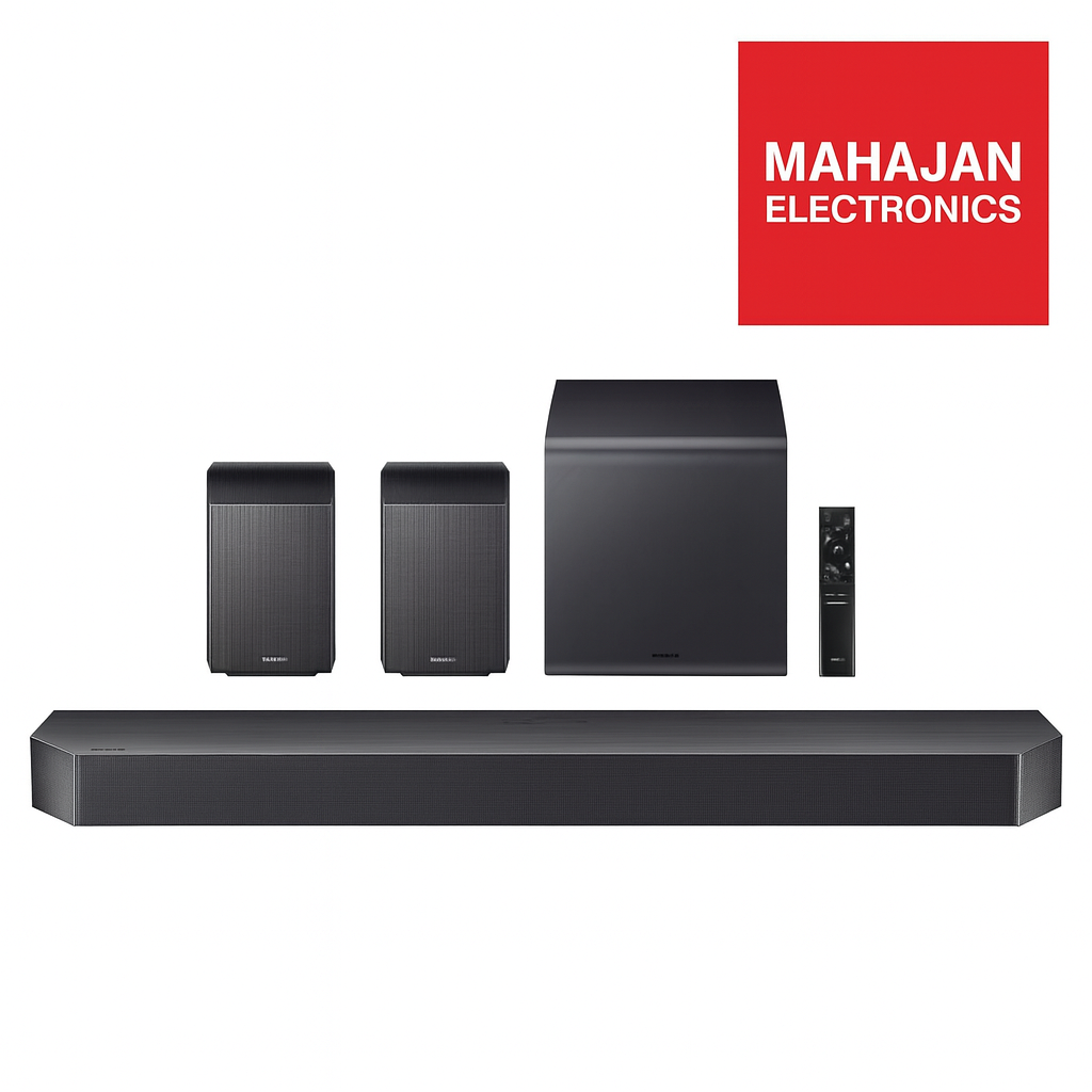 Black soundbar with speakers and remote on a white background, featuring Mahajan Electronics logo.