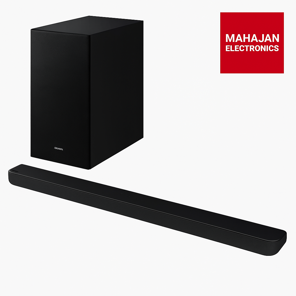 Black soundbar and subwoofer with Mahajan Electronics logo on a white background
