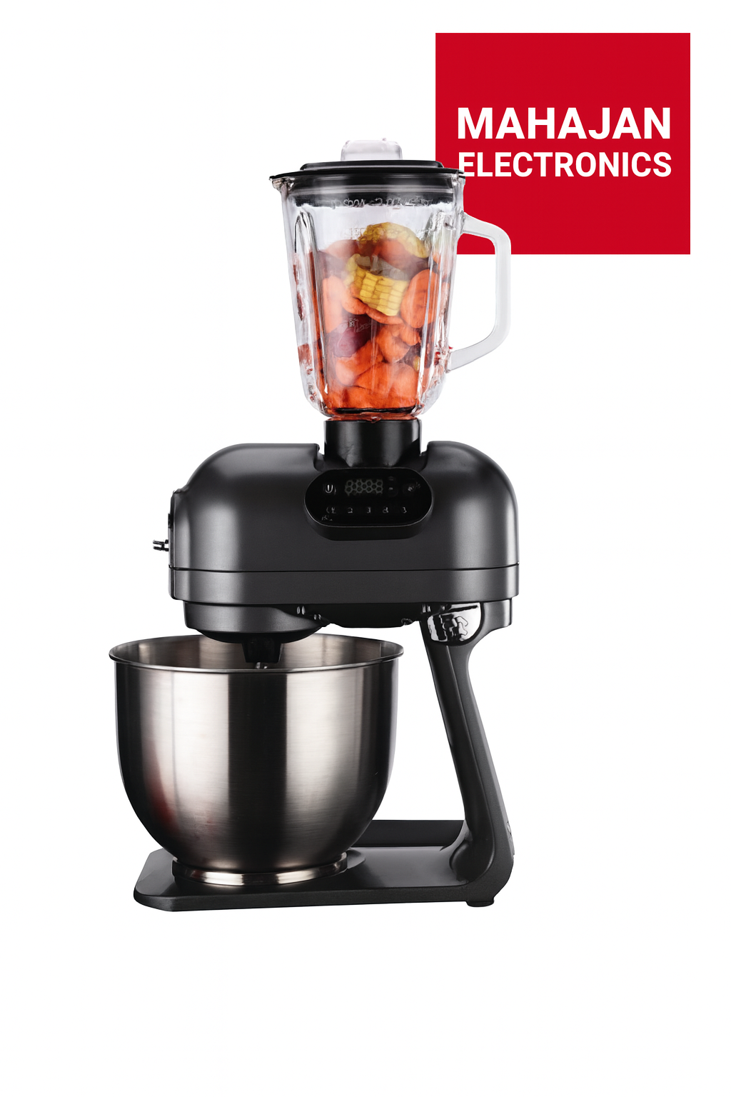 Multifunctional kitchen appliance with blender and mixing bowl, branded as Mahajan Electronics.