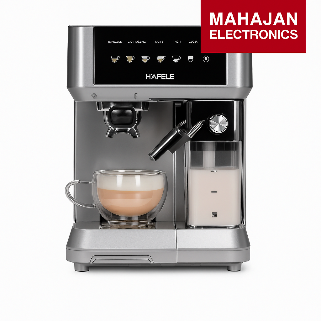 Hafele coffee machine with a cup of coffee and milk, branded by Mahajan Electronics.