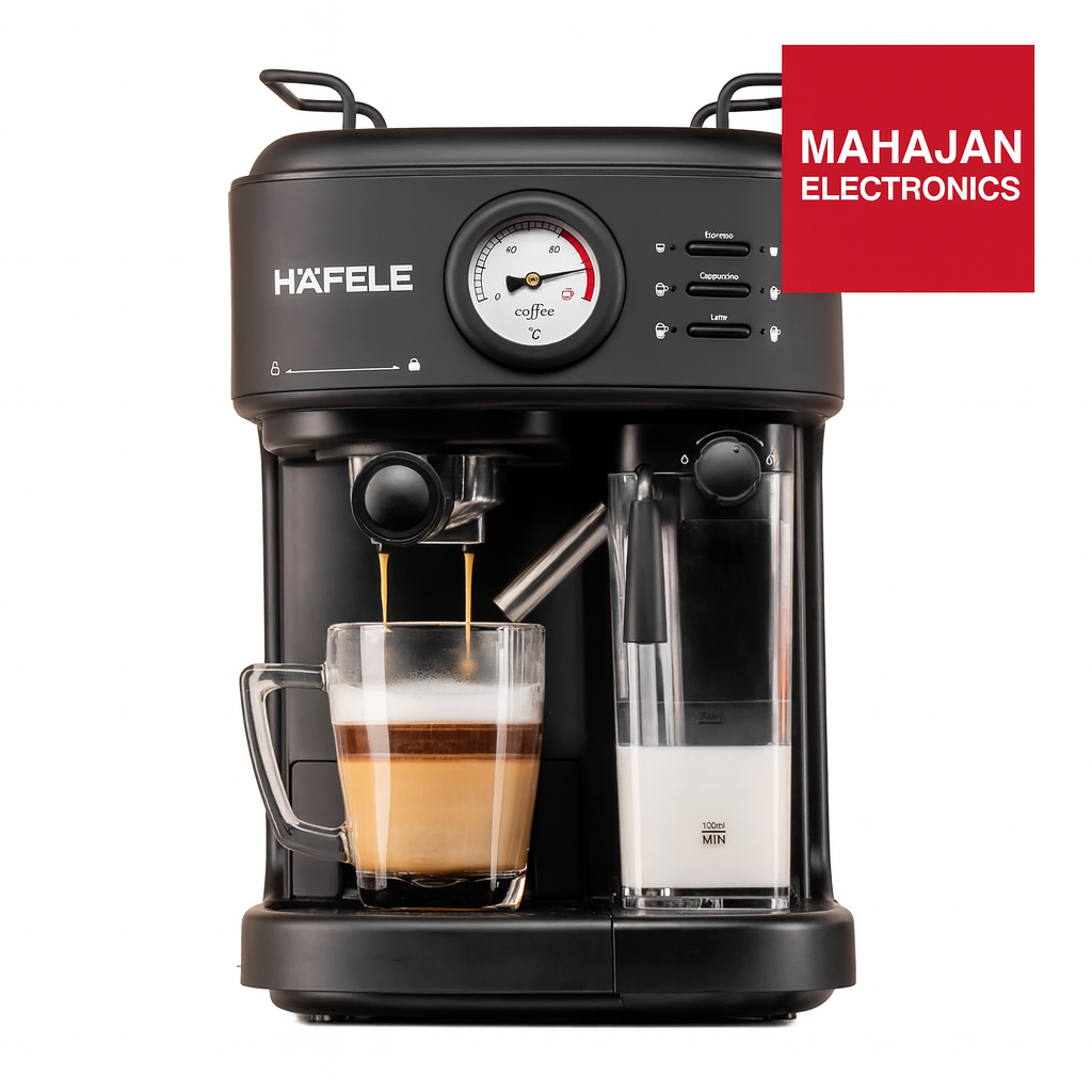 Black Hafele espresso machine with a glass of coffee and milk pitcher on a white background, featuring Mahajan Electronics logo.