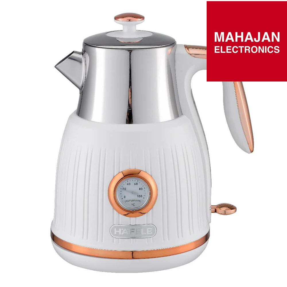 Electric kettle with white base and rose gold accents, branded 'MAHAJAN ELECTRONICS'.