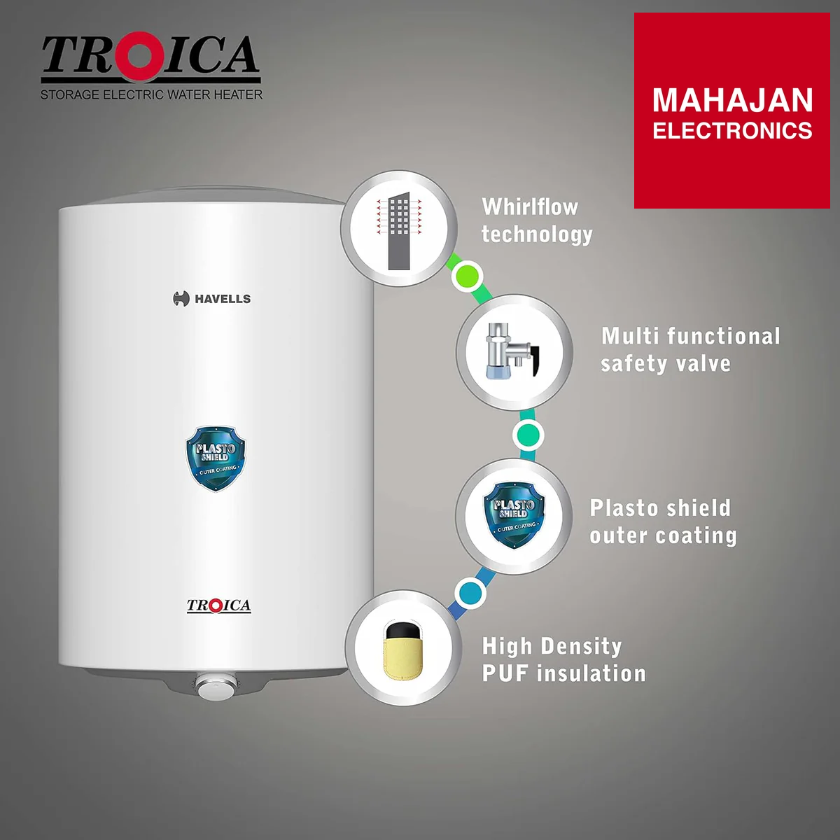 Havells Troica 15-Litre Vertical Storage Water Heater (Geyser) White Grey, 4 star - Mahajan Electronics Online