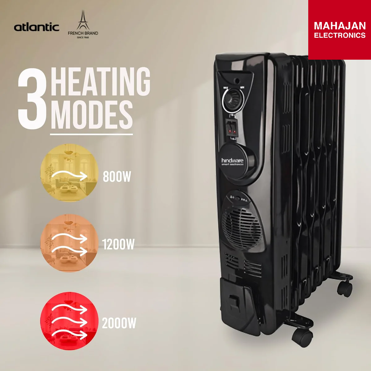 Black radiator with heating mode indicators and Atlantic branding on a beige background