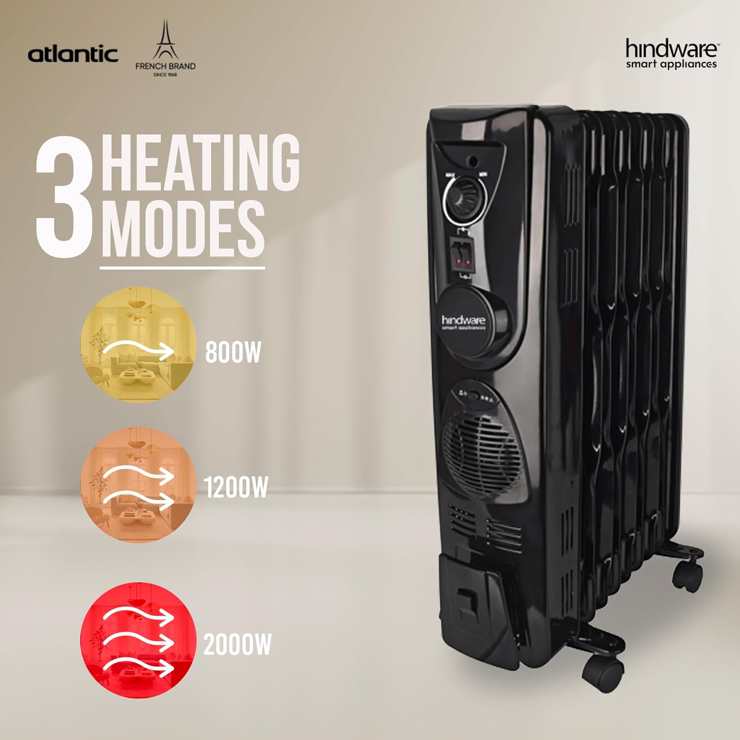 Hindware Atlantic Velda 13-Fin 2900W Oil-Filled Room Heater with PTC Fan, Cloth Hanger & Humidifier (Black)