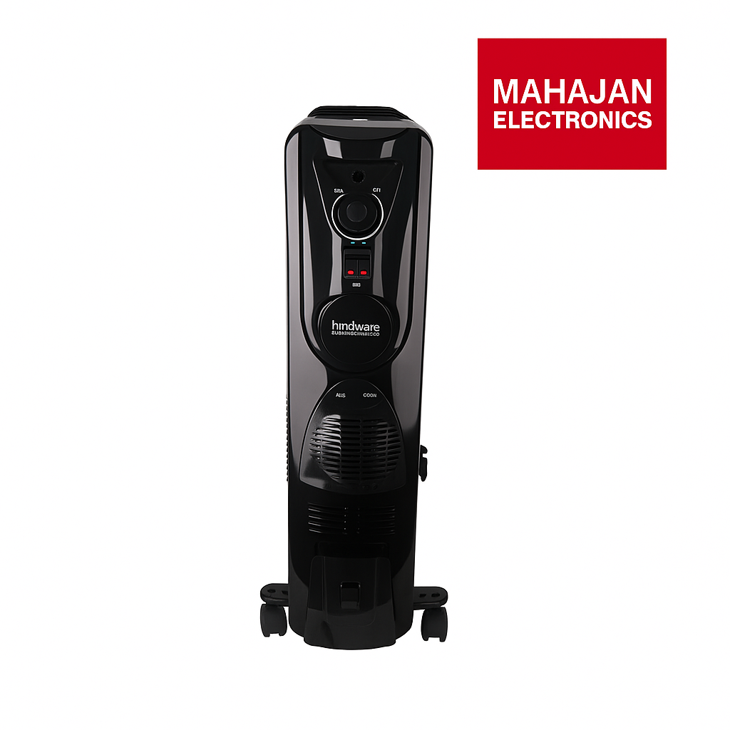 Black radiator with 'Hindware' branding on a white background, featuring the Mahajan Electronics logo.